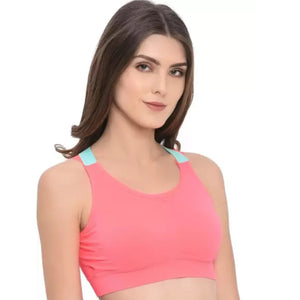 Deevaz Medium Impact Padded Non-Wired Sports Bra In Combo of 2 Carrot Pink & Black Colour With Neon Cross Back Strap Detailing.