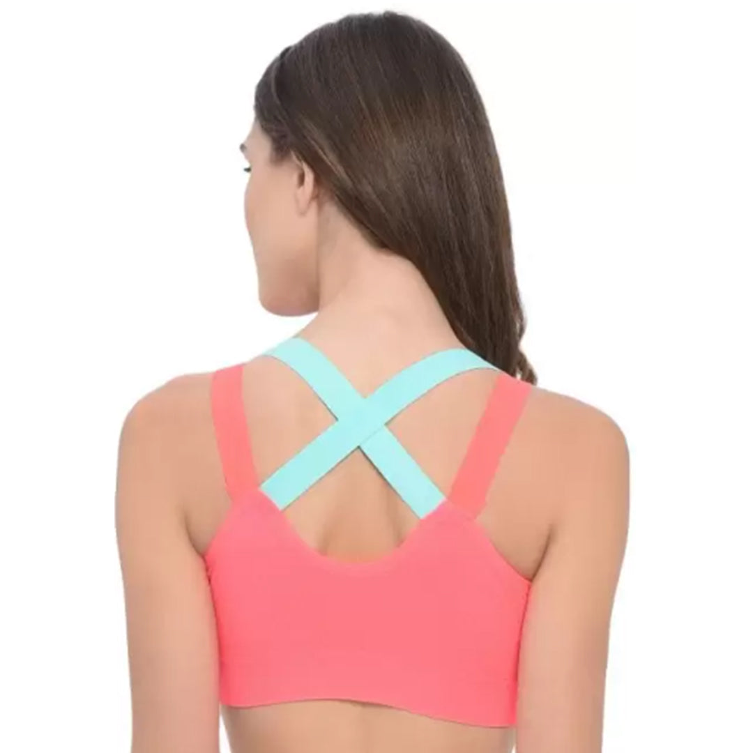 Deevaz Medium Impact Padded Non-Wired Sports Bra In Combo of 2 Carrot Pink & Black Colour With Neon Cross Back Strap Detailing.